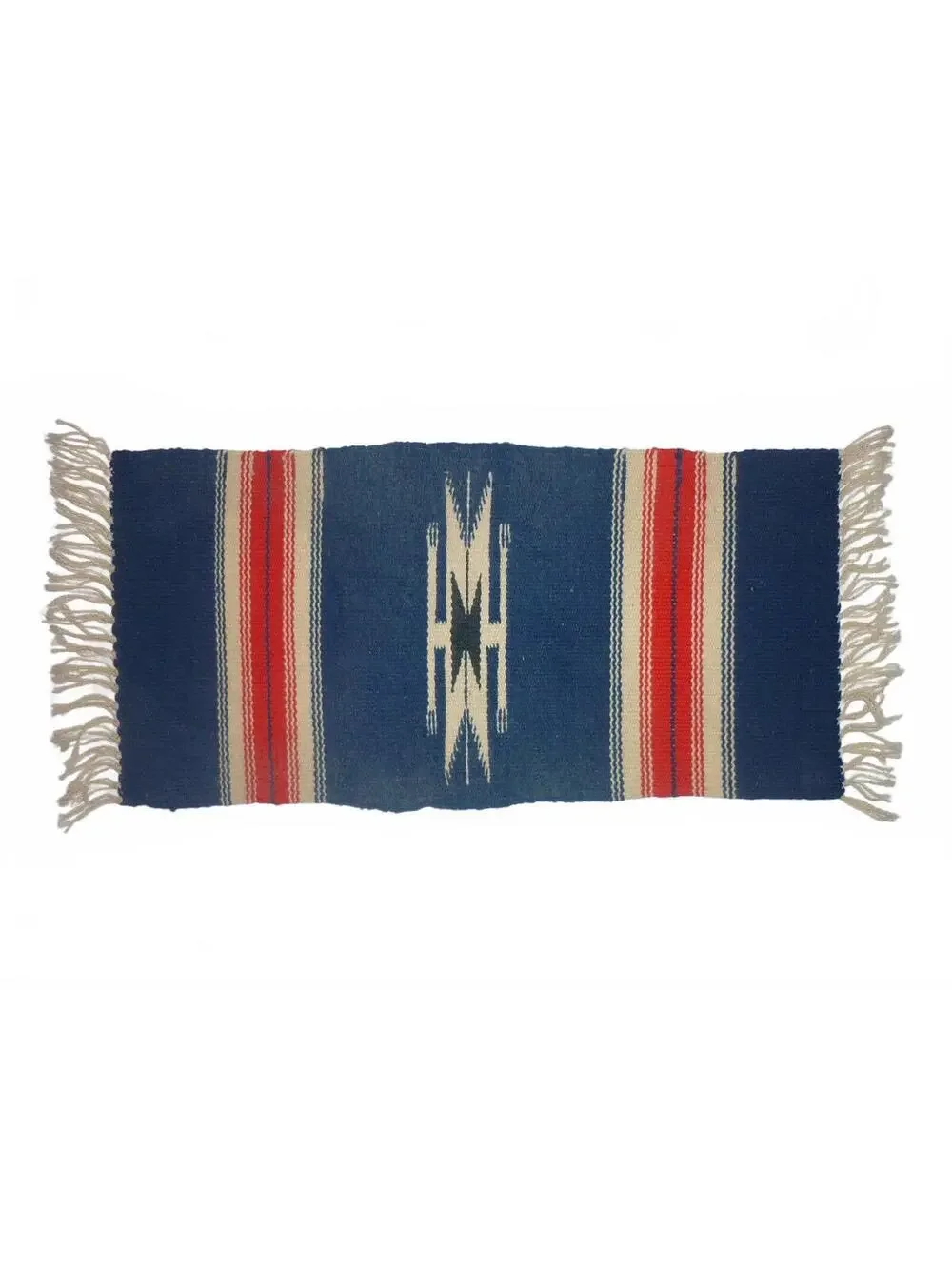 Ortega's Chimayo Native Handwoven Blue and Red Runner Small Rug Tagged